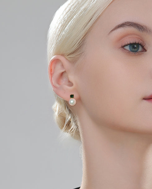 7-8mm White Akoya Green Zirconia Sasha Stud Earrings